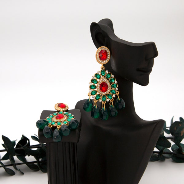 14K Gold Plated Earrings Colourful Zircon Dangle Earrings Brass Exaggerated Drop Earrings Vintage Elegant Earrings for Women Gift for Her