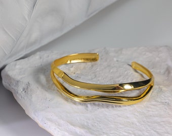 18k Gold Plated Cuff Bracelet, 925 Sterling Silver Bracelet, Adjustable Wave Bangle, Mother Day Gift, Botanical Jewelry, Gift for Her