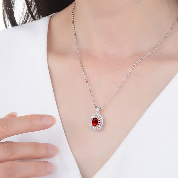 Oval Ruby Cabochon Necklace, Sterling Silver Red Gemstone Pendant, Women's Jewelry, Engagement Gift, Present for Her, Mother Day Gift