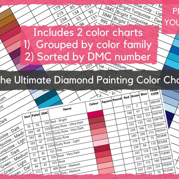 The Ultimate DMC Colour Chart for  Diamond Painting Sorted numerically and by Colour family/group includes RGB to Hex colour conversion info