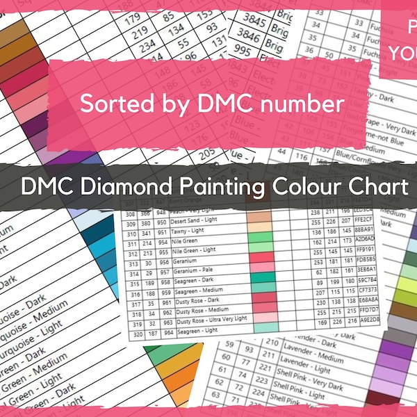 DMC Colour Chart for Diamond Painting.  Sorted by DMC number. Includes RGB to Hex colour conversion