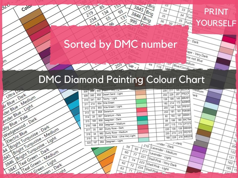 DMC Colour Chart for Diamond Painting. Sorted by DMC Number. Includes