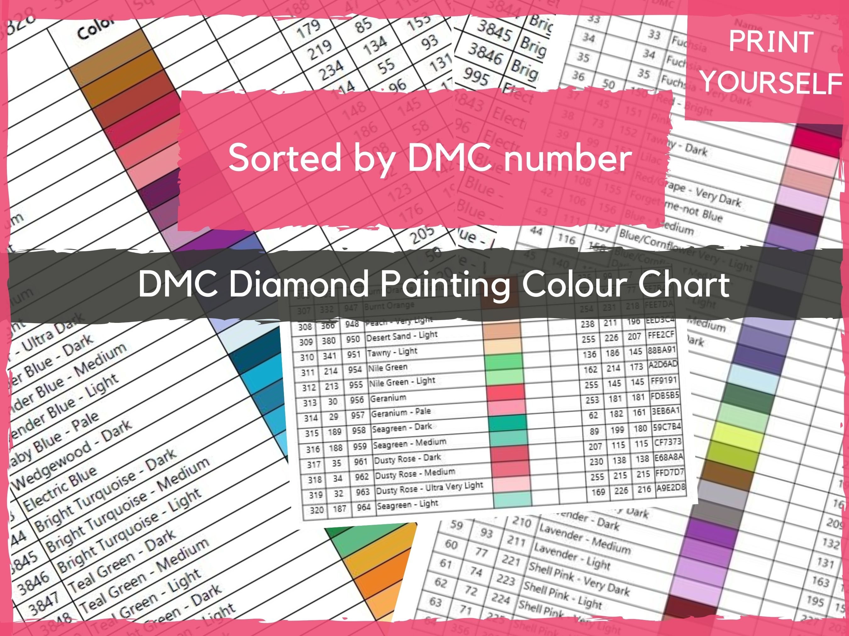 PRINTABLE PDF DMC Color Charts Diamond Painting Drill Color Charts Diamond  Painting Diamond Drill Color Charts Sorted Numerically & Name 