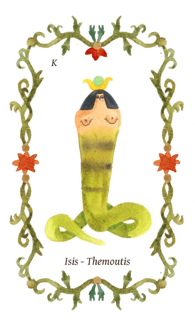 May include: A watercolor illustration of a woman with a crown and a snake body. The woman is sitting with her legs crossed. The illustration is surrounded by a green leafy frame with red flowers. The text "Isis - Themoutis" is written below the illustration.