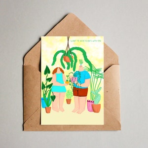 Postal para una pareja, regalo de boda, postal divertida ilustración amante de la planta