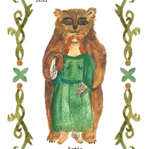 May include: A watercolor painting of a woman in a green dress standing inside a brown bear. The woman has red hair and is wearing a crown. The painting is framed with a green vine border. The text "XXI" and "Artio" are written below the image.