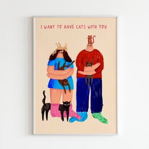 Poster for a couple, wedding gift, funny art print cat lover illustration