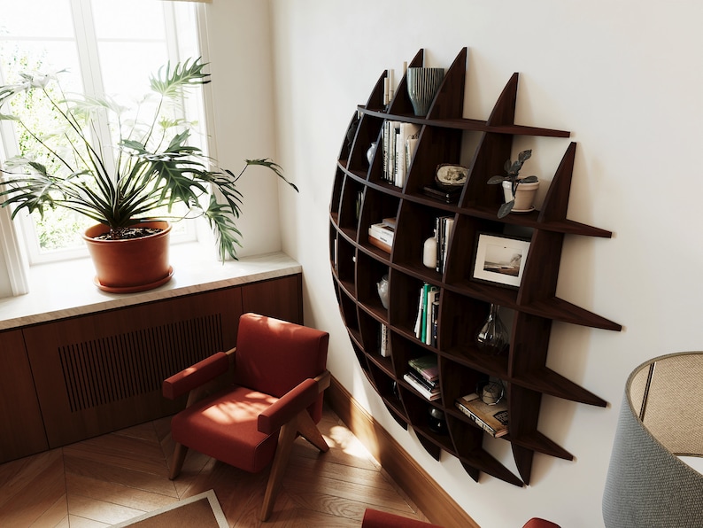 Geometric Wall Shelf, Hanging Bookcase, Large Sphere Solid Wood