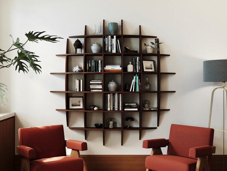 Geometric Wall Shelf, Hanging Bookcase, Large Sphere Solid Wood
