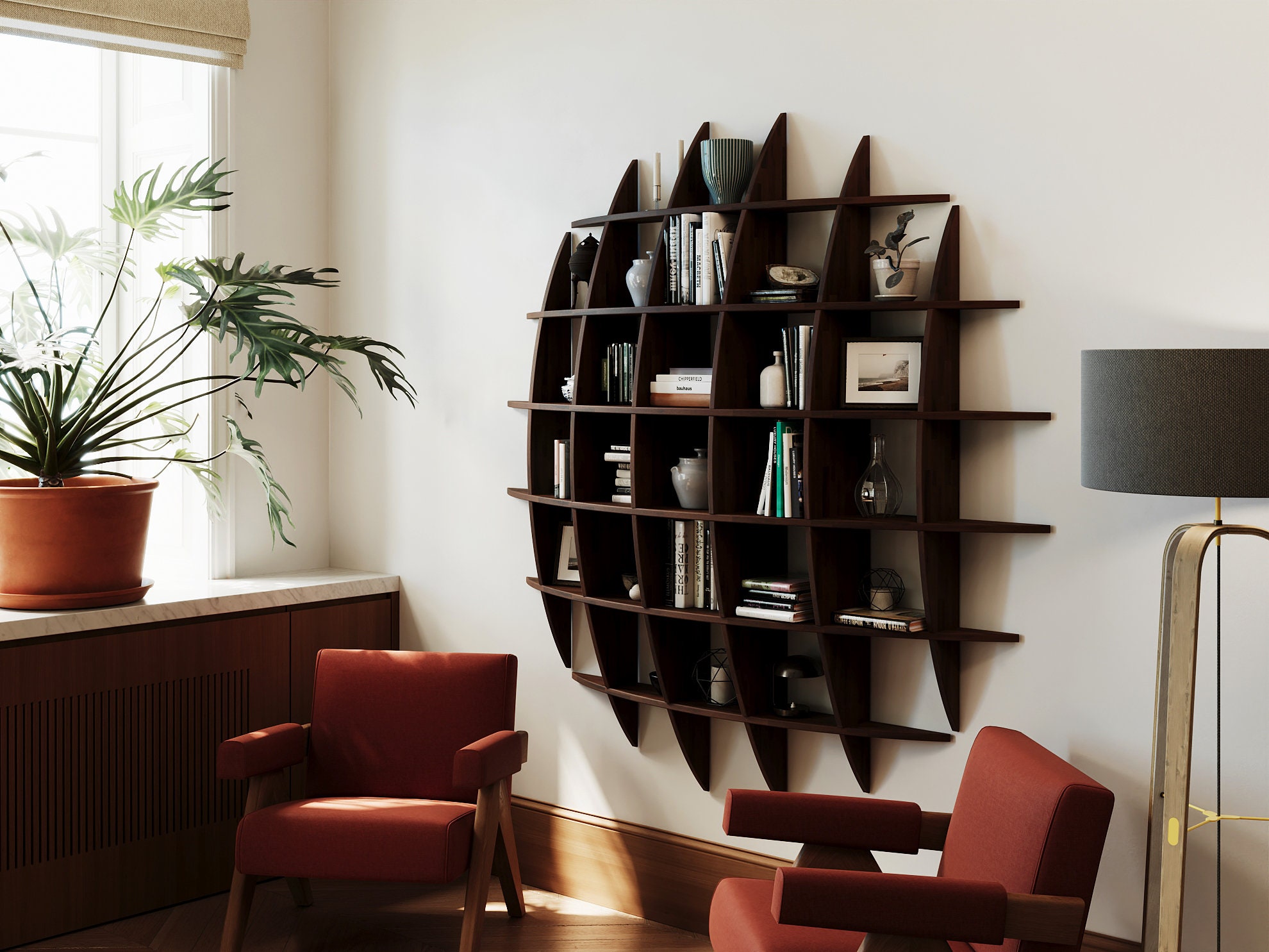 Geometric Wall Shelf, Hanging Bookcase, Large Sphere Solid Wood