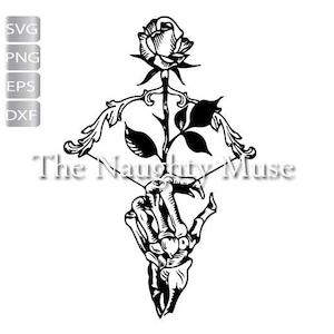 May include: A black and white illustration of a skeletal hand holding a rose with a stem and leaves. The rose is in the center of the image and the hand is holding the stem of the rose.