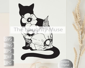 Floral Cat SVG, pliki SVG Cat dla Silhouette Cameo i Cricut.Floral Animal, Floral Cat Silhouette SVG, Cat With Flower, Wildflower Cat Clipart