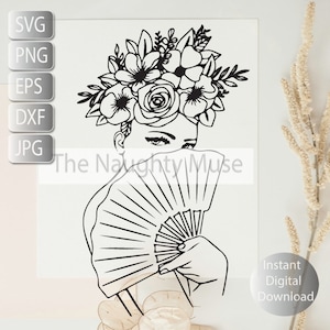 Woman with Fan Floral  Line art Svg, Png, Eps, Dxf, |Minimalist Woman svg png eps dxf |Line Art Woman Eps, Svg Png Dxf Instant Download