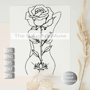 May include: Black and white line art illustration of a woman with a rose growing from her head and a lotus flower at her waist. The text "The Naughty Muse" is at the top of the image.
