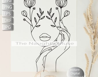 Botanical Woman Svg,  Floral Face Line Art, Svg, Png, Eps, Jpg Dfx , Instant Digital Download, Printable Art Cut File , Sublimation,