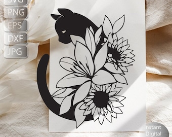 Kitty Cat SVG, Feline SVG Pliki dla Sylwetki, Zwierzęta Kwiatowe, Sylwetka Kota Kwiatowego SVG, Kot Z Kwiatem, Wildflower Cat Clipart