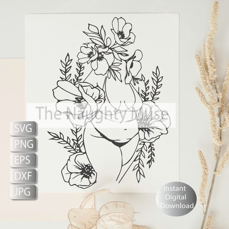 May include: Line art illustration of a woman's body with flowers growing from her head. The woman is depicted in a simple swimsuit with her arms raised above her head. The flowers are stylized and have a simple design.