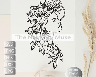 Botanical Woman Svg,  Floral Face Line Art, Svg, Png, Eps, Jpg Dfx , Instant Digital Download, Printable Art Cut File , Sublimation,