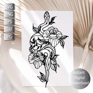 Arte de linha de cobra Animais Svg, Png, Eps, Jpg, Dxf / Svg Cricut Art / Snake floral Svg / Download digital instantâneo, arte para impressão