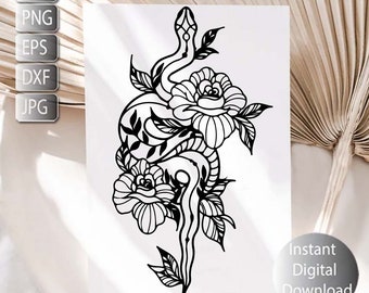 蛇と花の手描きアート作品 蛇と蓮の花の線画：手描きクリップアート（SVG、PNG、EPS） - Etsy 日本