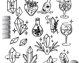 Puede incluir: Un conjunto de 13 ilustraciones en blanco y negro que presentan varios elementos mágicos y místicos, incluyendo cristales, pociones y una luna creciente. Las ilustraciones son perfectas para usar en proyectos de artesanía, scrapbooking o diseño digital.