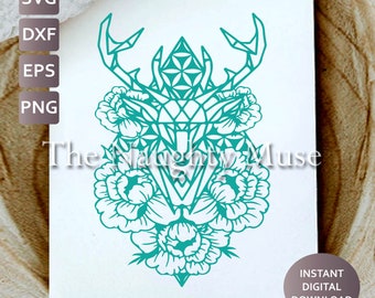 May include: Teal blue geometric deer head design with floral accents. The deer head is made up of geometric shapes and the flowers are stylized peonies.