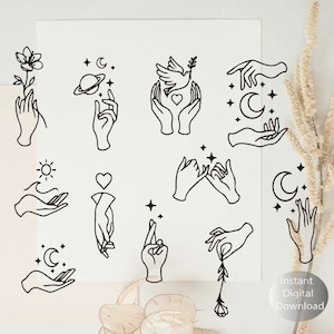 Peut inclure: Un ensemble de 10 illustrations en noir et blanc de mains dans différentes poses, notamment en train de tenir un cœur, une colombe, une fleur et une lune. Les illustrations sont parfaites pour une utilisation dans le scrapbooking numérique, la fabrication de cartes et d'autres projets créatifs.