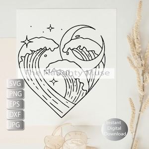 May include: Black and white line art illustration of a heart shape formed by waves and a crescent moon with stars. The design is perfect for creating a unique and stylish design for home decor, apparel, or crafts.