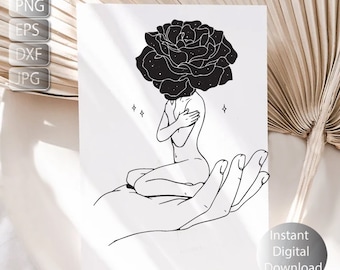Line Art Woman Svg, Png, Dxf, Eps, Clip art, Celestial Rose Woman , Instant Digital Download, Printable Art Cut File , Sublimation,