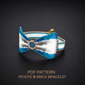 Patroon voor een armband met blauwe strik - 3D peyote- en brick stitch-ontwerp voor een lintmanchet (PDF-download)