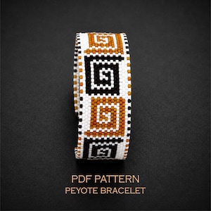 Ancient Greek Peyote Bracelet Pattern, Sunny Colors Meander Spiral Cuff Chart, Terracotta Tones Beading Design for Beginners