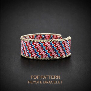 Patrón de pulsera peyote de tweed colorido para un brazalete con aspecto tejido, con un tutorial GRATUITO para el borde con bucles, tabla de abalorios de estilo bargello abstracto.