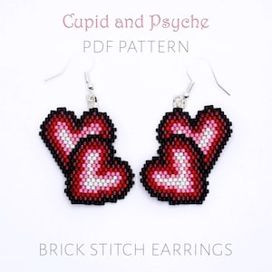 Patrón de pendientes de punto ladrillo con corazones abrazados: diseño romántico de cuentas con degradado rojo (descarga en PDF)