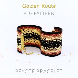 Peyote-patroon met 2 druppels voor een brede Azteekse manchet, grafiek goud en zwart ombre kralenwerk, DIY tribal geometrische polsbandje pdf