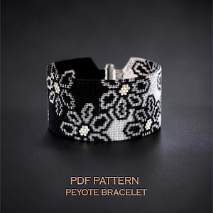 Floral Lace Peyote Pattern for Monochrome Cuff, Black and Crystal Beadweaving Chart, Day to Night Jewelry Design PDF