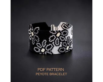 Padrão de renda floral em ponto peiote para pulseira monocromática, gráfico de tecelagem de miçangas pretas e de cristal, PDF de design de joias para usar do dia à noite