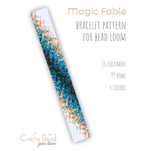 May include: A beaded bracelet pattern for a bead loom. The design features a pattern of white, gold, black, and teal beads. The text on the image reads "Magic Fable Bracelet Pattern for Bead Loom". The pattern has 16 columns, 99 rows, and 4 colors.