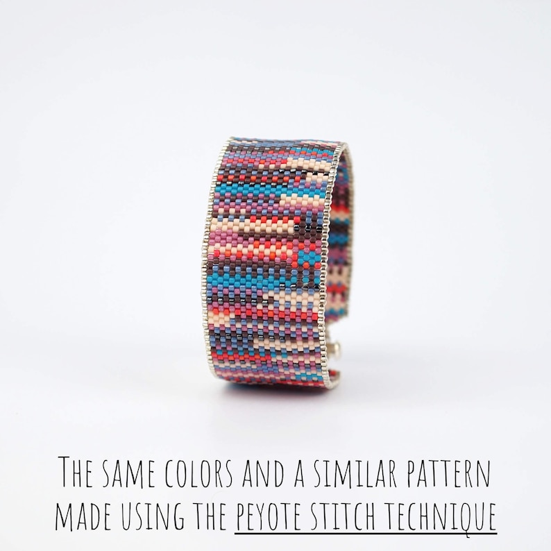 May include: A wide, beaded bracelet with a silver-coloured metal frame. The bracelet features a colourful pattern of red, blue, purple, and beige beads. The text at the bottom reads: "THE SAME COLORS AND A SIMILAR PATTERN MADE USING THE PEYOTE STITCH TECHNIQUE."