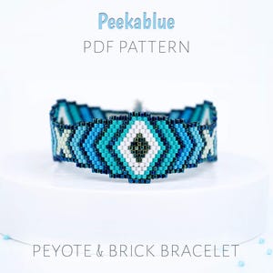 Blue geometric beaded bracelet patern - peyote & brick stitch layers effect, hexagon power cuff (PDF)