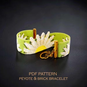 Daisy Flower Peyote Bracelet Pattern with Protruding Petals, Fun Spring Floral Cuff Design, Easy Combined Stitches DIY Jewelry