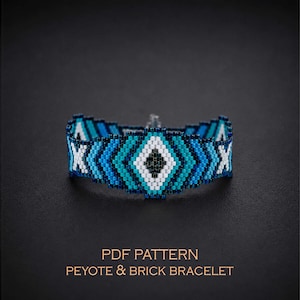 Blue geometric beaded bracelet patern - peyote & brick stitch layers effect, hexagon power cuff (PDF)