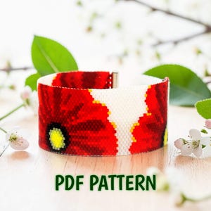 Mönster för armband med röd vallmo och peyotesöm, realistisk pärlbroderad blommig manschett, botanisk sommarsmyckesdesign, digital PDF