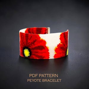 Red Poppy Peyote Stitch Bracelet Pattern, Realistic Beaded Floral Cuff, Botanical Summer Jewelry Design, Digital PDF