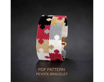 Padrão de Peyote em Quebra-Cabeça para uma Pulseira Marcante, Gráfico Colorido de Bordado com Miçangas em Quebra-Cabeça, Pulseira Mosaico Delica, PDF em Dourado e Frutas Vermelhas