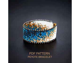 Padrão de ponto peiote Magic Stardust, pulseira glamorosa em degradê azul e dourado, design abstrato de miçangas para pulseira de festa de Ano Novo.