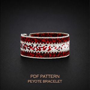 Ruby Red & White Folk Art Peyote Bracelet Pattern, Beaded Statement Cuff with Puzzle Mosaic, Nordic Style Beadweaving Chart