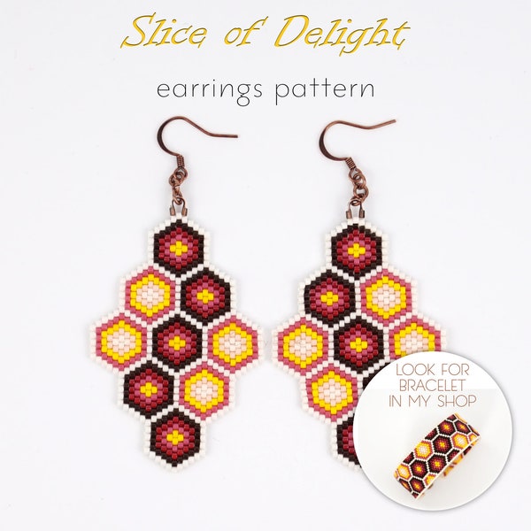 Beading pattern for Miyuki earrings with organic form of honeycomb in mixed honey shades. Made with odd count peyote and decreasing.