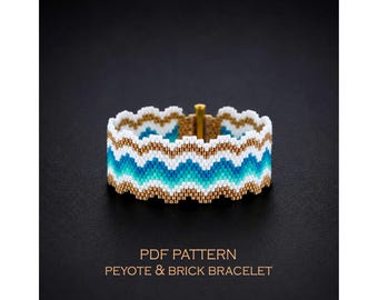 Summer Beach Beading Pattern for a Turquoise Wavy Bracelet, Golden Sand Chevron Chart, Coastal Peyote & Brick Stitch Cuff Jewelry