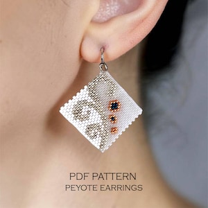 Peyote earrings pattern – floral kite shape white & silver square wedding jewelry / PDF pattern