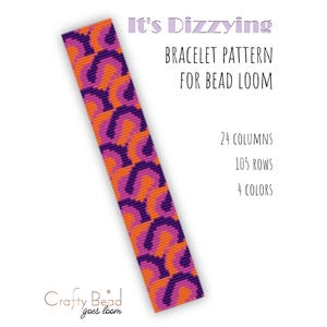 Può includere: Un modello di braccialetto di perline con un motivo ripetuto di archi viola su sfondo arancione. Il testo "It's Dizzying" e "Bracelet Pattern for Bead Loom" sono visualizzati. Il modello ha 24 colonne, 105 file e utilizza 4 colori.